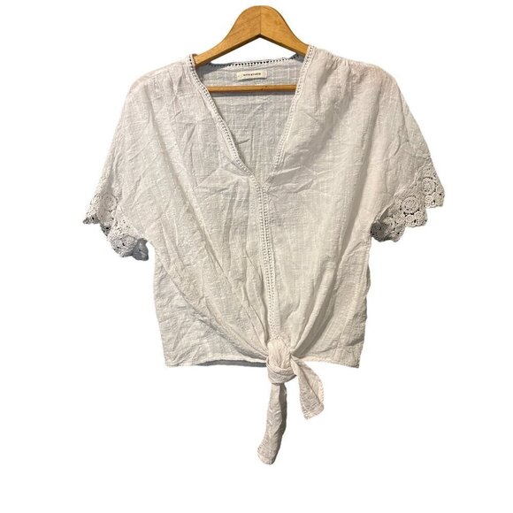 Max Studio Short Sleeve Blouse White Eyelet Lace Tie Front Cotton Blend LRG? - Picture 5 of 8